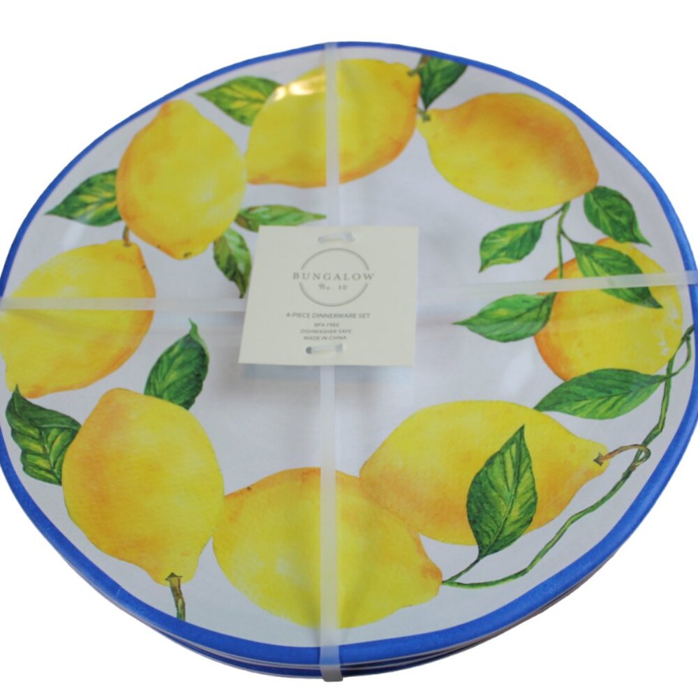 Bungalow No 10 Blue White Yellow Lemon 11" Melamine Dinner Plate Set 4 NWT